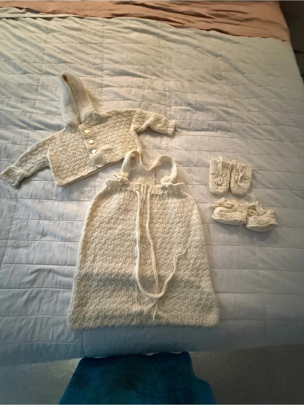 Hand-Knit Cream Baby Layette Set - Hooded Sweater, Gown, Booties & Mitts